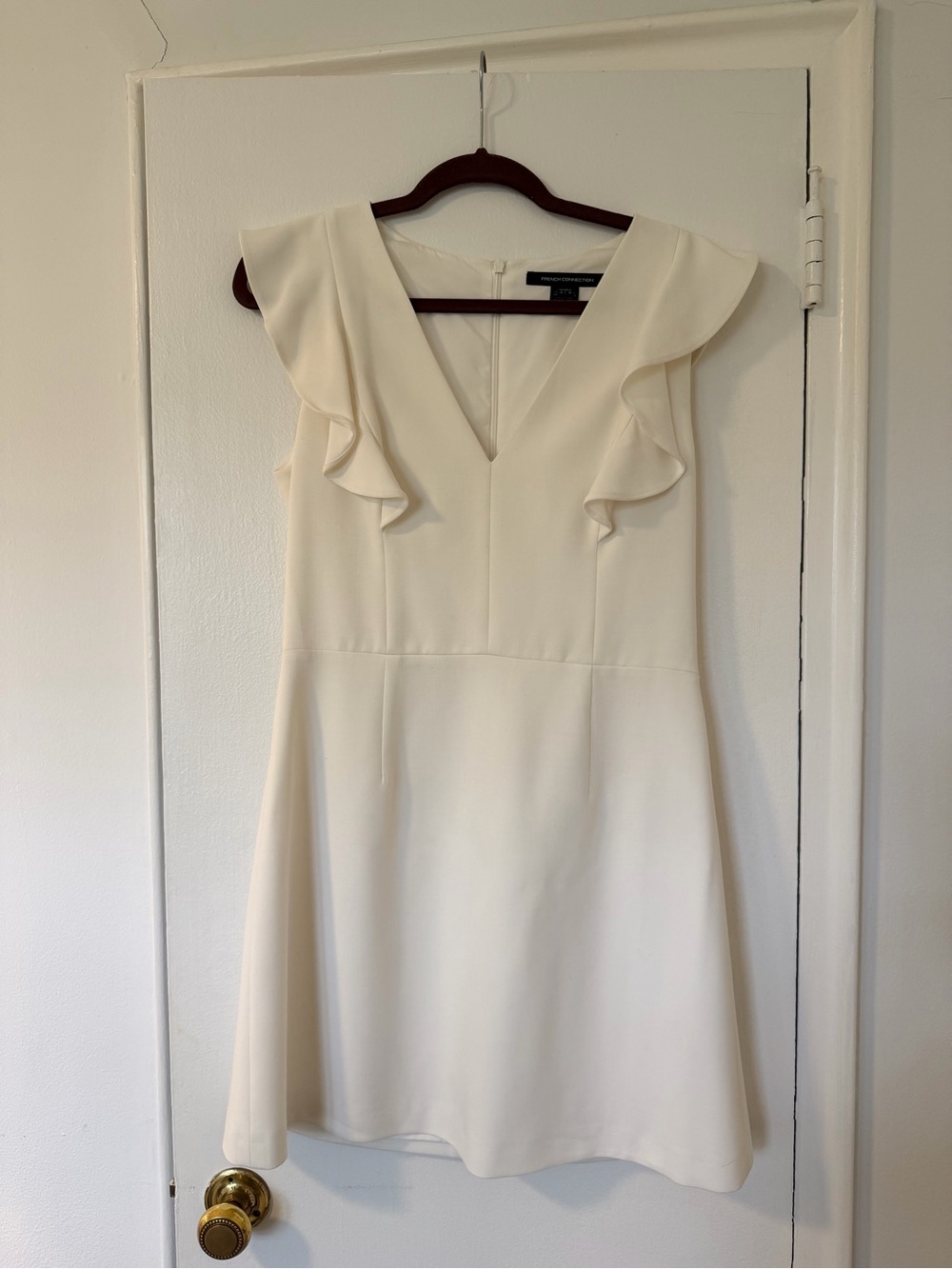 French Connection Cream Ruffle V-Neck Mini Dress